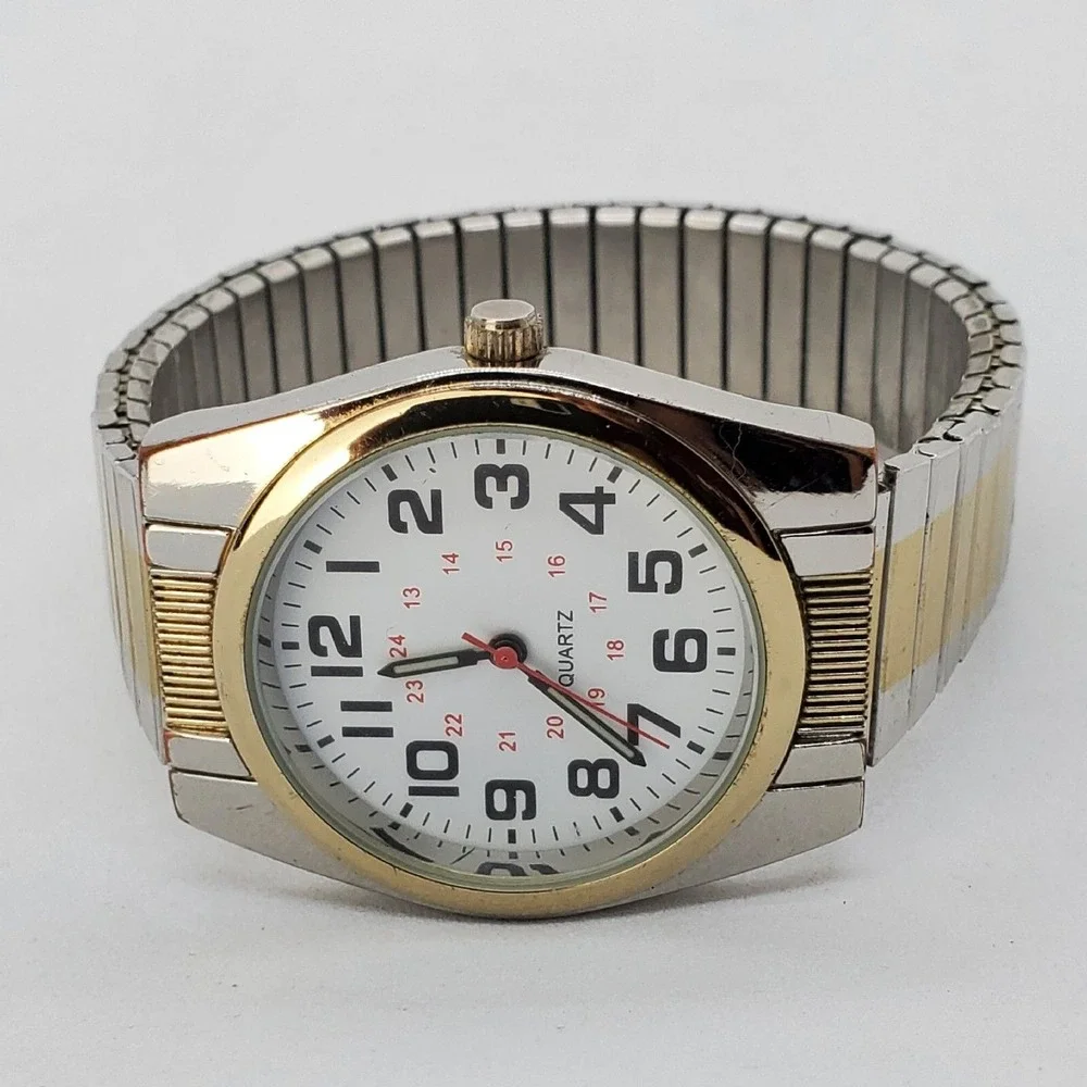 Men's Military Watch‎ 36MM White Dial Gold Gray Bracelet Band New Battery